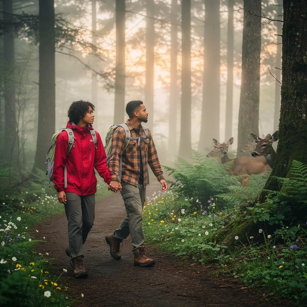Дикие животные, мирно гуляющие среди деревьев в живописном лесу.