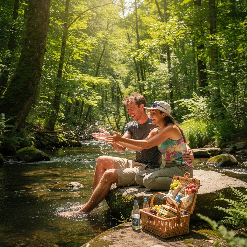Дикая природа с оленями, пасущимися на поляне среди деревьев, на фоне заката.