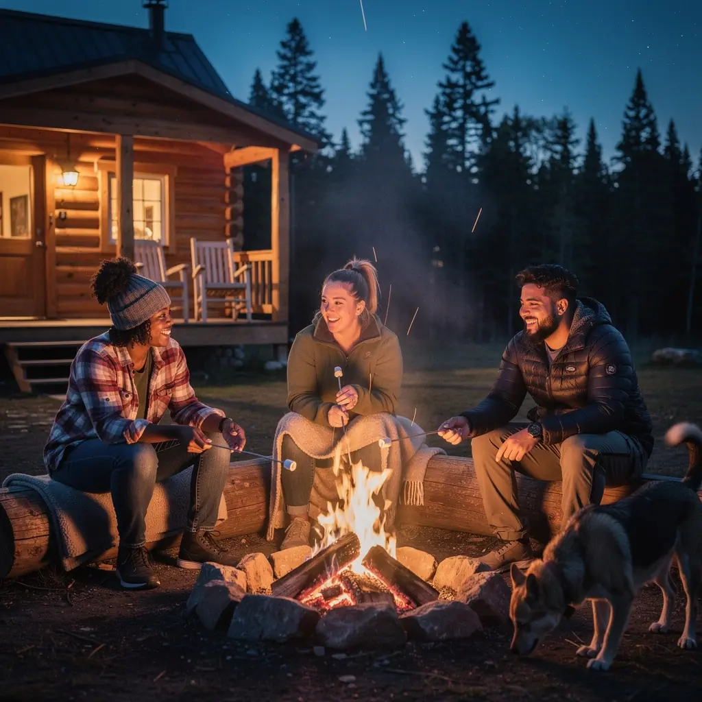 Семья, собирающаяся у костра, наслаждающаяся вечерними разговорами под звездами.
