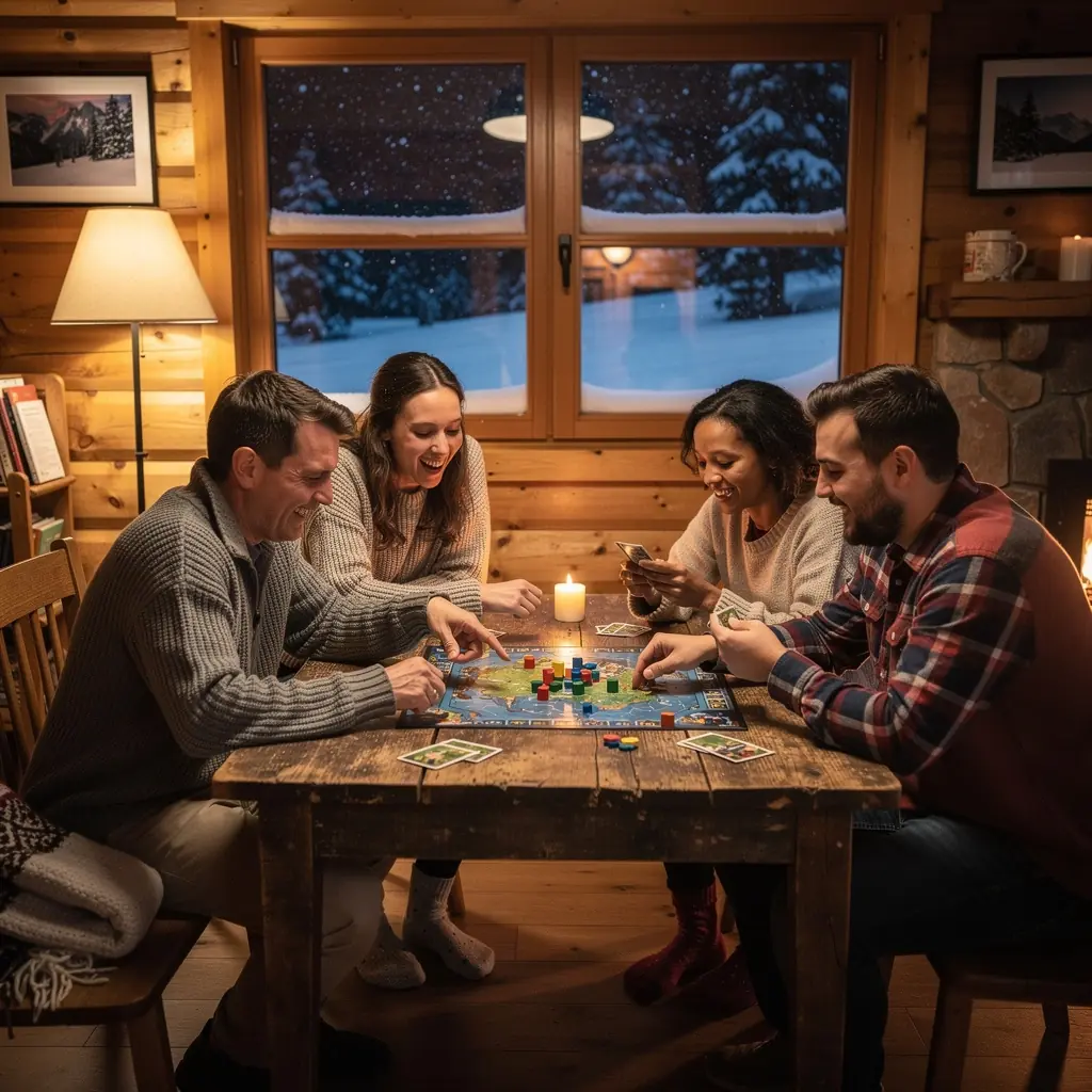 Уютная деревянная хижина с дымом, поднимающимся из камина, на фоне вечернего леса.