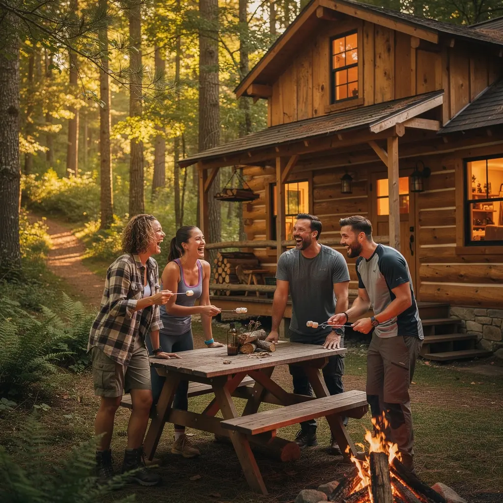Вечерний костер на природе, вокруг которого сидят отдыхающие, наслаждаясь теплом и атмосферой.