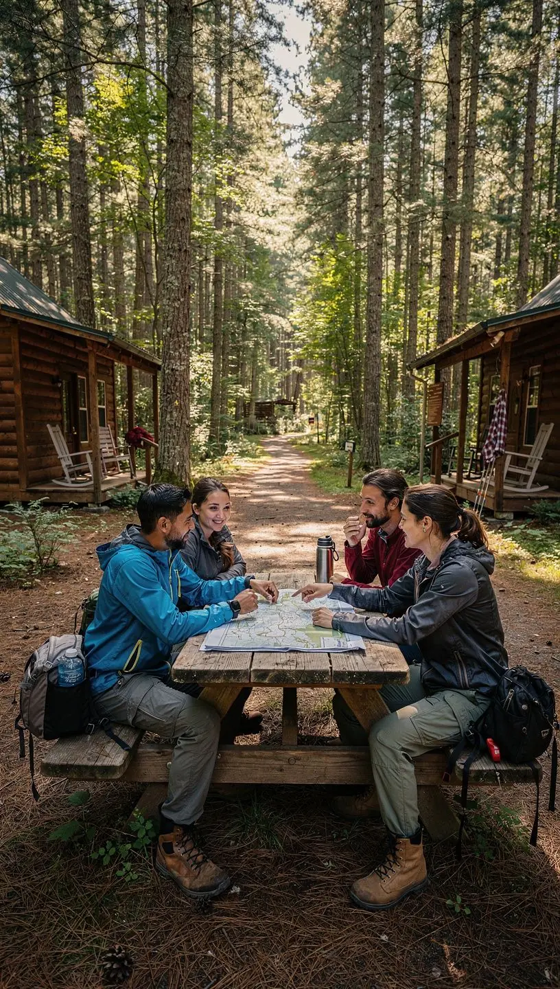 Приключенческий лесной пейзаж с тропами для пеших прогулок и уютными домиками.
