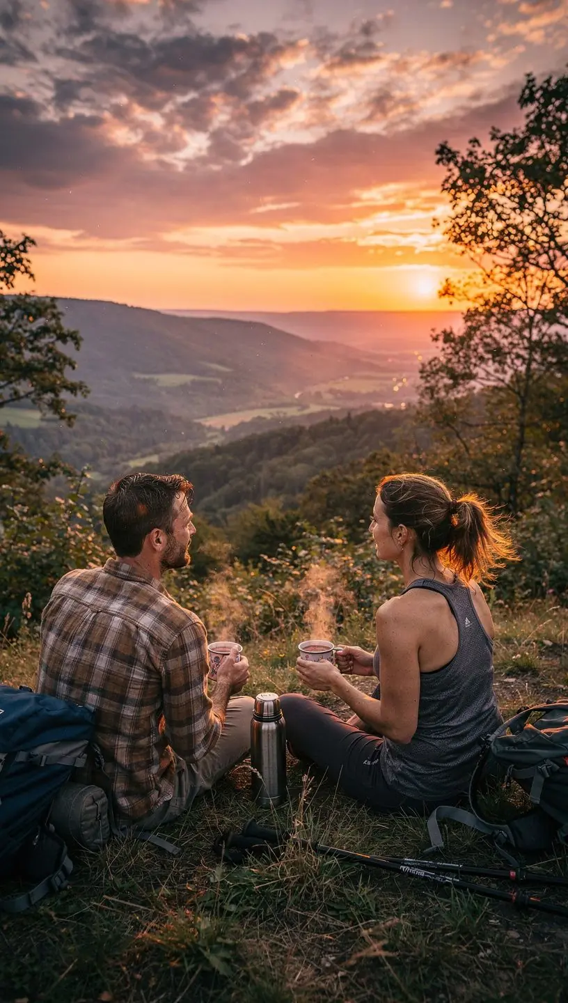 Лесная тропа, окруженная густыми деревьями, с путешественниками, наслаждающимися природой.
