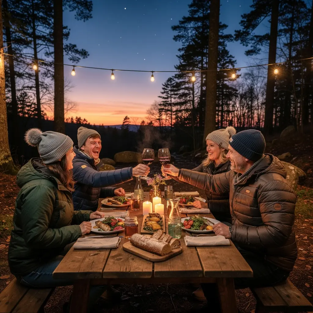 Пейзаж леса с высокими деревьями и тропинкой для пеших прогулок, ведущей к уютной хижине.