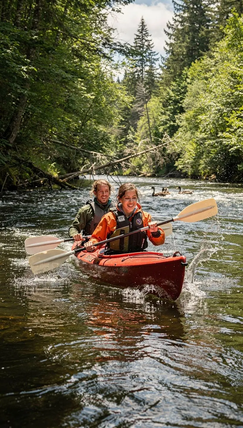 Пейзаж леса с высокими деревьями и тропинкой для прогулок.